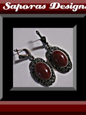Tibetan Silver Vintage Dangle Earrings With Red Bead & Black Rhinestones
